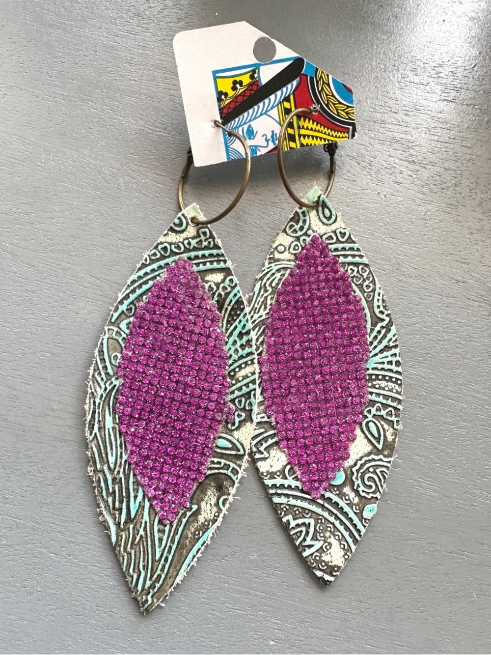 Sandra Ling Blue/ pink earrings, pinched leaf design tooled leather